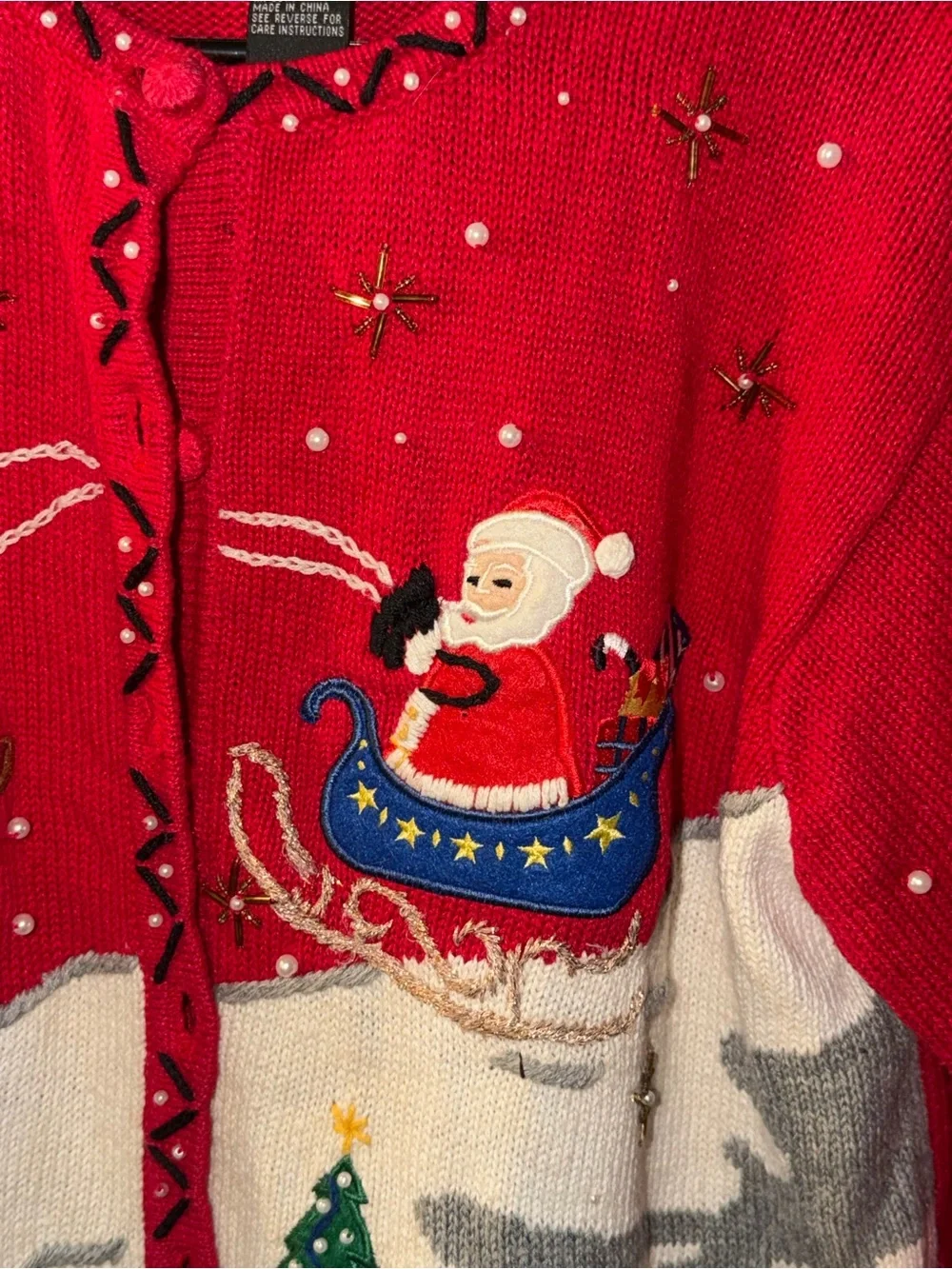 Designers Originals Studio Red Christmas Sweater Santa Reindeer Trees Sz L